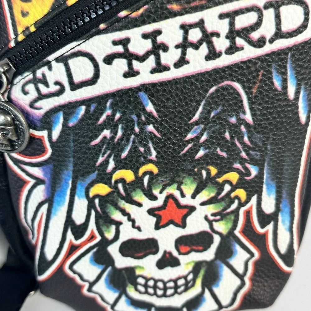 Ed Hardy Mens Black Pebbled Sling Backpack Eagle Skull Tattoo Graphic Bag